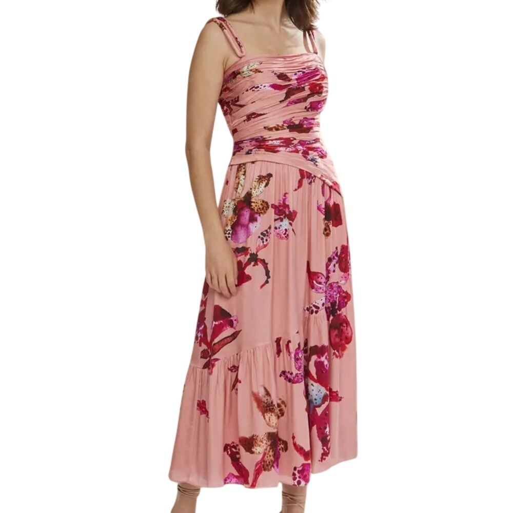 AMUR Daniella Pink Floral Ruched Tiered Midi Dress NWT Size 4
